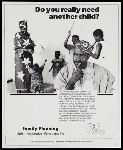 A man contemplates the logistics of having more children: family planning in Lagos, Nigeria. Colour lithograph by Lagos State Ministry of Health, ca. 1994.