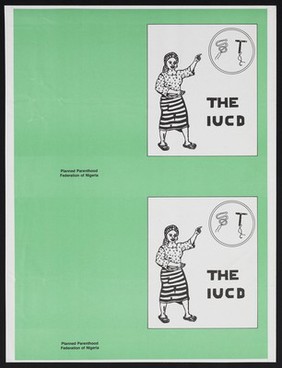 A woman pointing to an intrauterine contraceptive device (IUCD): family planning in Nigeria. Colour lithograph by Planned Parenthood Federation of Nigeria, ca. 2000.