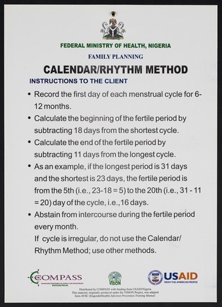 Calendar/rhythm contraceptive method: family planning in Nigeria. Colour lithograph by Federal Ministry of Health, ca. 2000.