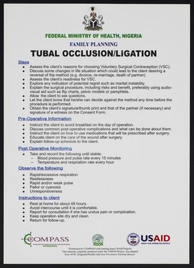 Instructions on Tubal Occlusion or Ligation: family planning in Nigeria. Colour lithograph by Federal Ministry of Health, ca. 2000.