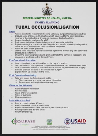 Instructions on Tubal Occlusion or Ligation: family planning in Nigeria. Colour lithograph by Federal Ministry of Health, ca. 2000.