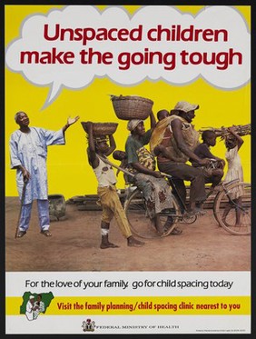 An elderly man gestures towards a man on a bike carrying his family: child spacing and family planning in Nigeria. Colour lithograph by Federal Ministry of Health, ca. 1996.