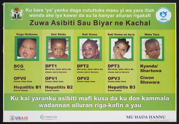 Five babies representing the National Programme on Immunization in Nigeria. Colour lithograph by the Federal Ministry of Health, ca. 2000.