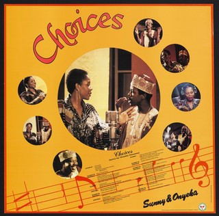 Singers Onyeka Onwenu and King Sunny Ade recording their song 'Choices' promoting family planning in Nigeria. Colour lithograph by Planned Parenthood Federation of Nigeria, ca. 198-.