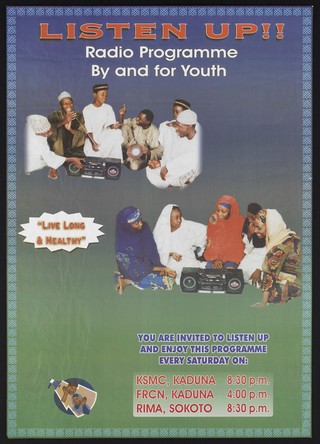A group of young men and women sit around two portable radios: promoting a health radio programme for teenagers in Nigeria. Colour lithograph by Johns Hopkins Bloomberg School of Public Health, ca. 2000.