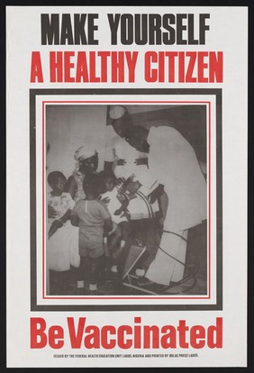 A doctor vaccinating a child on her mother's lap: vaccination in Nigeria. Colour lithograph by Federal Health Education Unit of Lagos, ca. 2000.