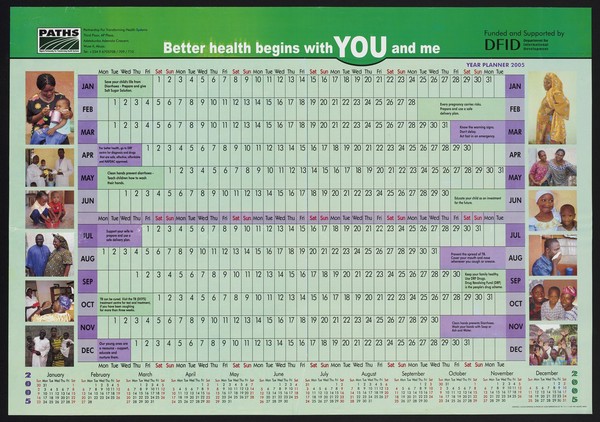 A year planner for 2005 bearing images of men, women and children at health centres in Nigeria. Colour lithograph by Paths, 2005.