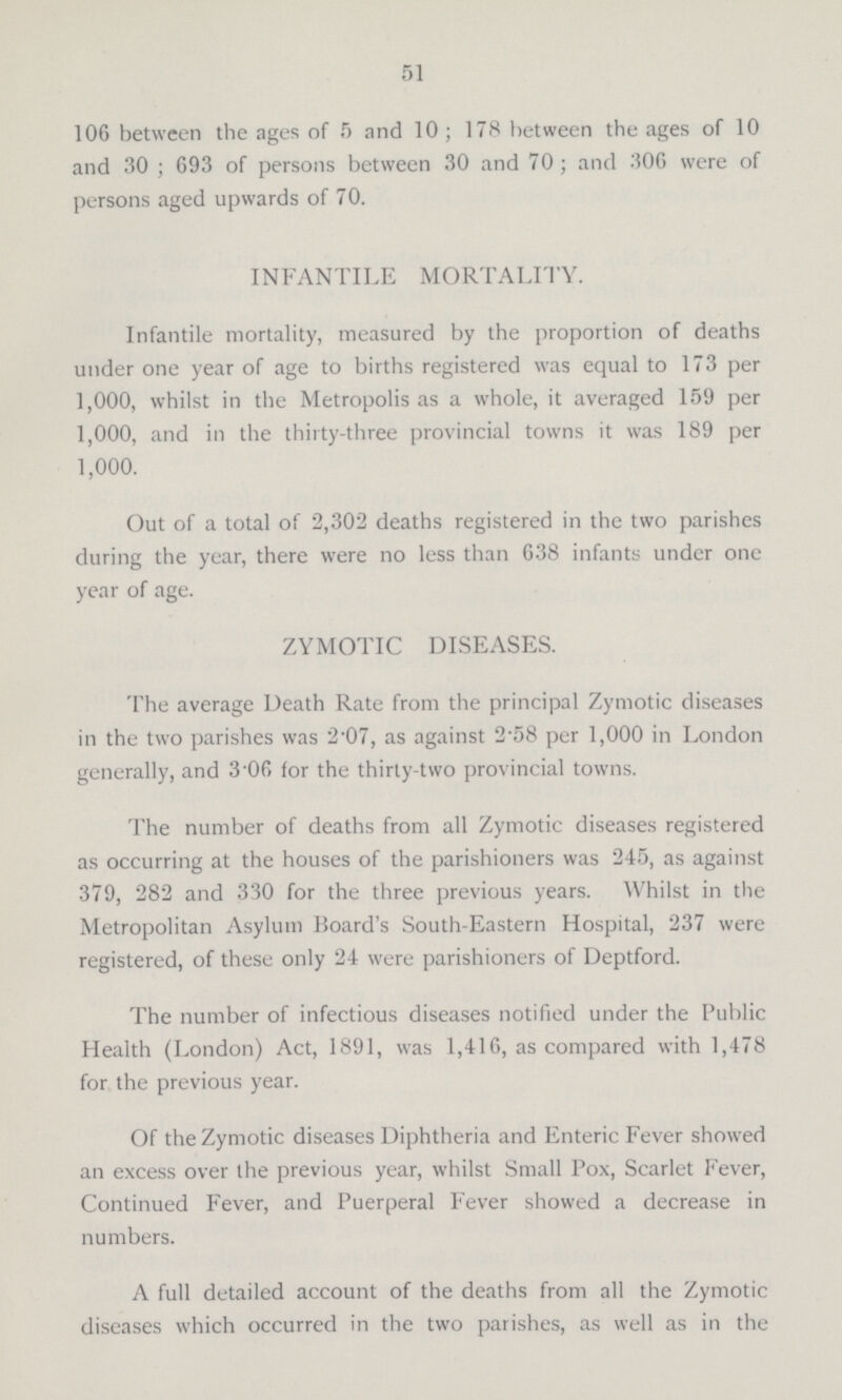 51 106 between the ages of 5 and 10; 178 between the ages of 10 and 30 ; 693 of persons between 30 and 70; and 306 were of persons aged upwards of 70. INFANTILE MORTALITY. Infantile mortality, measured by the proportion of deaths under one year of age to births registered was equal to 173 per 1,000, whilst in the Metropolis as a whole, it averaged 159 per 1,000, and in the thirty-three provincial towns it was 189 per 1,000. Out of a total of 2,302 deaths registered in the two parishes during the year, there were no less than 638 infants under one year of age. ZYMOTIC DISEASES. The average Death Rate from the principal Zymotic diseases in the two parishes was 2.07, as against 2.58 per 1,000 in London generally, and 3.06 (or the thirty-two provincial towns. The number of deaths from all Zymotic diseases registered as occurring at the houses of the parishioners was 245, as against 379, 282 and 330 for the three previous years. Whilst in the Metropolitan Asylum Board's South-Eastern Hospital, 237 were registered, of these only 24 were parishioners of Deptford. The number of infectious diseases notified under the Public Health (London) Act, 1891, was 1,416, as compared with 1,478 for the previous year. Of the Zymotic diseases Diphtheria and Enteric Fever showed an excess over the previous year, whilst Small Pox, Scarlet Fever, Continued Fever, and Puerperal Fever showed a decrease in numbers. A full detailed account of the deaths from all the Zymotic diseases which occurred in the two parishes, as well as in the