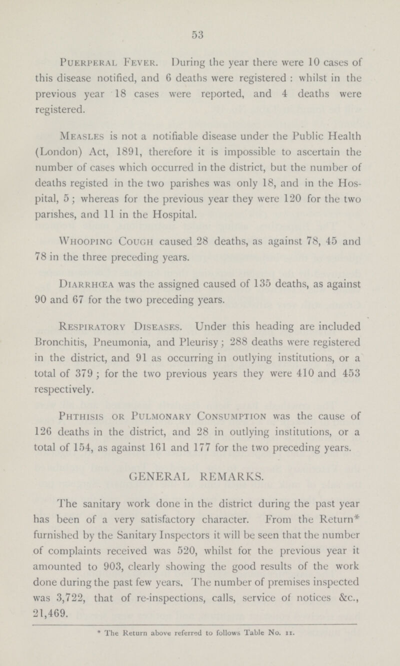 53 Puerperal Fever. During the year there were 10 cases of this disease notified, and 6 deaths were registered: whilst in the previous year 18 cases were reported, and 4 deaths were registered. Measles is not a notifiable disease under the Public Health (London) Act, 1891, therefore it is impossible to ascertain the number of cases which occurred in the district, but the number of deaths registed in the two parishes was only 18, and in the Hos pital, 5; whereas for the previous year they were 120 for the two parishes, and 11 in the Hospital. Whooping Cough caused 28 deaths, as against 78, 45 and 78 in the three preceding years. Diarrhœa was the assigned caused of 135 deaths, as against 90 and 67 for the two preceding years. Respiratory Diseases. Under this heading are included Bronchitis, Pneumonia, and Pleurisy; 288 deaths were registered in the district, and 91 as occurring in outlying institutions, or a total of 379 ; for the two previous years they were 410 and 453 respectively. Phthisis or Pulmonary Consumption was the cause of 126 deaths in the district, and 28 in outlying institutions, or a total of 154, as against 161 and 177 for the two preceding years. GENERAL REMARKS. The sanitary work done in the district during the past year has been of a very satisfactory character. From the Return* furnished by the Sanitary Inspectors it will be seen that the number of complaints received was 520, whilst for the previous year it amounted to 903, clearly showing the good results of the work done during the past few years. The number of premises inspected was 3,722, that of re-inspections, calls, service of notices &c., 21,469. * The Return above referred to follows Table No. 11.