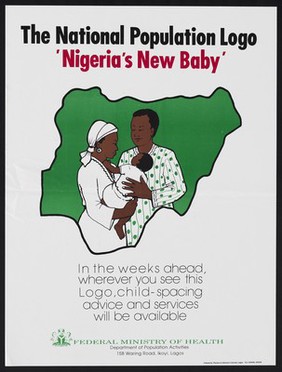 A couple with their baby within a map of Nigeria: family planning in Nigeria. Colour lithograph by Federal Ministry of Health, Lagos ca. 1990.