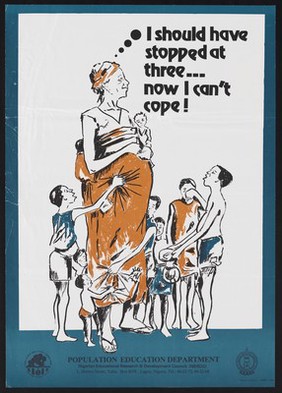 A pregnant mother with many children clinging to her: family size in Nigeria. Colour lithograph by Nigerian Educational Research & Development Council (NERDC), ca. 1990.