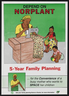 A mother sits sewing as her children play: promoting Norplant as a family planning method in Nigeria. Colour lithograph by Family Health Services Project, ca. 1994.