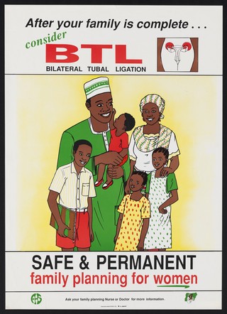 A contented family of six: bilateral tubal ligation family planning in Nigeria. Colour lithograph by Family Health Services Project, ca. 1994.