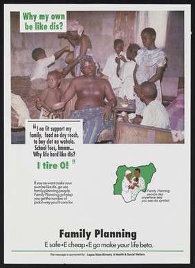 A despondent father sits surrounded by his large family: family planning in Nigeria. Colour lithograph by Ministry of Health & Social Welfare, ca. 1994.