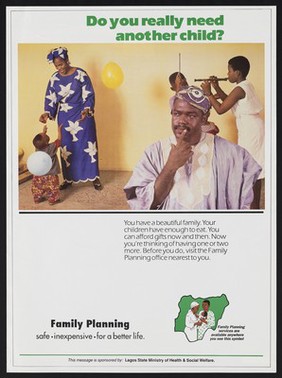 A father considers whether he needs another child: family planning in Nigeria. Colour lithograph by Ministry of Health & Social Welfare, ca. 1994.
