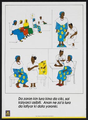 A pregnant woman receiving advice at a clinic: The Bauchi State Mothercare Project in Nigeria. Colour lithograph by Bauchi State Mothercare Project, ca. 1994.