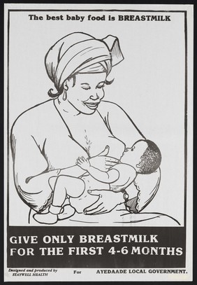 A mother breastfeeding her baby: promoting breastmilk in newborns in Nigeria. Colour lithograph by Staywell Health, ca. 1995.