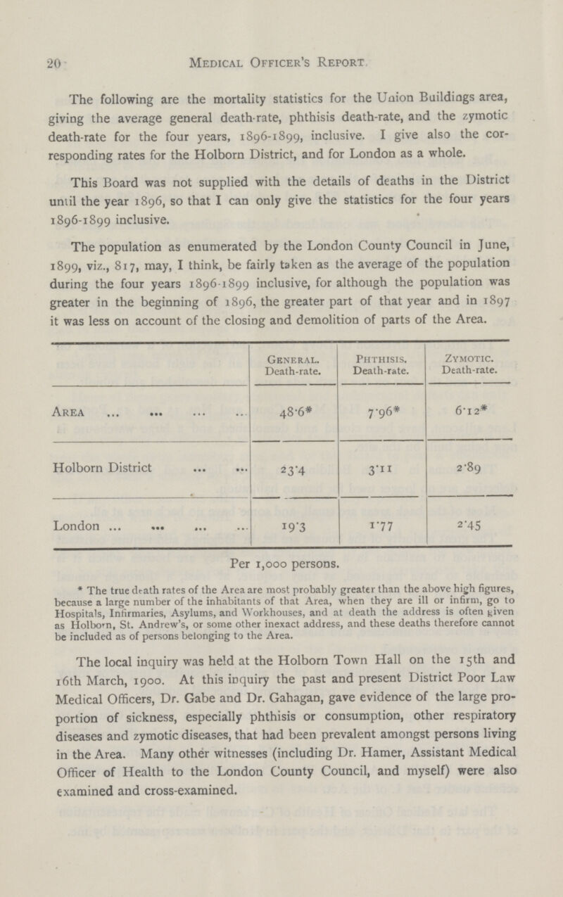 20 Medical Officer's Report. The following are the mortality statistics for the Union Buildings area, giving the average general death-rate, phthisis death-rate, and the zymotic death-rate for the four years, 1896-1899, inclusive. I give also the cor responding rates for the Holborn District, and for London as a whole. This Board was not supplied with the details of deaths in the District until the year 1896, so that I can only give the statistics for the four years 1896-1899 inclusive. The population as enumerated by the London County Council in June, 1899, viz., 817, may, I think, be fairly taken as the average of the population during the four years 1896-1899 inclusive, for although the population was greater in the beginning of 1896, the greater part of that year and in 1897 it was less on account of the closing and demolition of parts of the Area. General. Death-rate. Phthisis. Death-rate. Zymotic. Death-rate. Area 48.6* 7 .96* 6.12* Holborn District 23.4 3.11 2.89 London 19.3 1.77 2.45 Per 1,000 persons. * The true death rates of the Area are most probably greater than the above high figures, because a large number of the inhabitants of that Area, when they are ill or infirm, go to Hospitals, Infirmaries, Asylums, and Workhouses, and at death the address is often given as Holbo'n, St. Andrew's, or some other inexact address, and these deaths therefore cannot be included as of persons belonging to the Area. The local inquiry was held at the Holborn Town Hall on the 15th and 16th March, 1900. At this inquiry the past and present District Poor Law Medical Officers, Dr. Gabe and Dr. Gahagan, gave evidence of the large pro portion of sickness, especially phthisis or consumption, other respiratory diseases and zymotic diseases, that had been prevalent amongst persons living in the Area. Many other witnesses (including Dr. Hamer, Assistant Medical Officer of Health to the London County Council, and myself) were also examined and cross-examined.