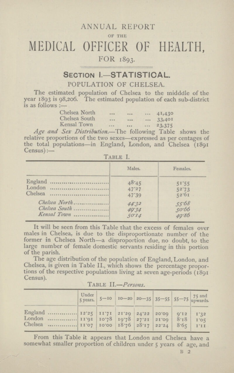 ANNUAL REPORT OF THE MEDICAL OFFICER OF HEALTH, FOR 1893. Section I.—STATISTICAL. POPULATION OF CHELSEA. The estimated population of Chelsea to the inidddle of the year 1893 is 98,206. The estimated population of each sub-district is as follows :— Chelsea North 41,430 Chelsea South 33,401 Kensal Town 23,375 Age and Sex Distribution.— ine following iable snows tne relative proportions of the two sexes—expressed as per centages of the total populations—in England, London, and Chelsea (1891 Census):— Table I. Males. Females. England 48.45 51.5S London 47.27 52.73 Chelsea 47.39 52.61 Chelsea North 44.32 55.68 Chelsea South 49.34 50.66 Kensal Town 50.14 49.86 It will be seen from this Table that the excess of females over males in Chelsea, is due to the disproportionate number of the former in Chelsea North—a disproportion due, no doubt, to the large number of female domestic servants residing in this portion of the parish. The age distribution of the population of England, London, and Chelsea, is given in Table II., which shows the percentage propor tions of the respective populations living at seven age-periods (1891 Census). TABLE II.—Persons. Under 5 years. S-,o 10—20 20—35 35-55 55-75 75 and upwards. England 12.25 11.71 21.29 24.22 20.09 9.12 1.32 London 11.91 10.78 19.78 27.21 21.09 8.18 1.05 Chelsea 11.07 10.00 18.76 28.17 22.24 8.65 1.11 From this Table it appears that London and Chelsea have a somewhat smaller proportion of children under 5 years of age, and b 2