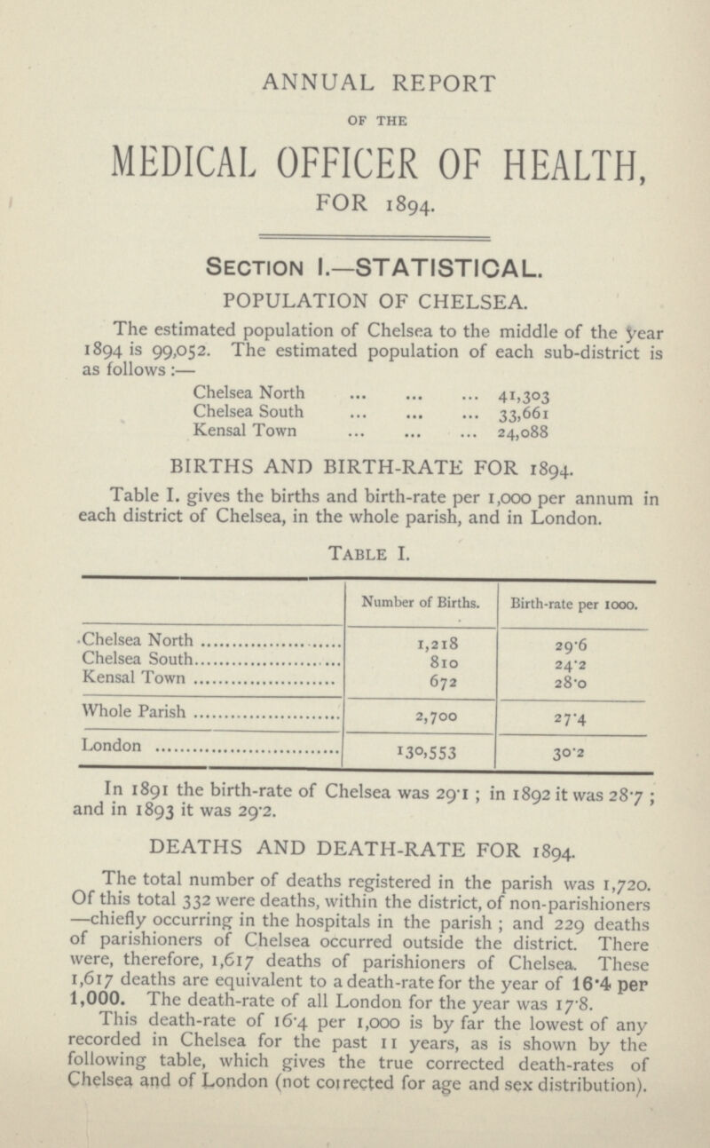 ANNUAL REPORT OF THE MEDICAL OFFICER OF HEALTH, FOR 1894. Section I.—STATISTICAL. POPULATION OF CHELSEA. The estimated population of Chelsea to the middle of the year 1894 is 99,052. The estimated population of each sub-district is as follows:— Chelsea North 41,303 Chelsea South 33,661 Kensal Town 24,088 BIRTHS AND BIRTH-RATE FOR 1894. Table I. gives the births and birth-rate per 1,000 per annum in each district of Chelsea, in the whole parish, and in London. Table I. Number of Births. Birth-rate per 1000. Chelsea North 1,218 29.6 Chelsea South 810 24.2 Kensal Town 672 28.0 Whole Parish 2,700 27.4 London 130,553 30.2 In 1891 the birth-rate of Chelsea was 291; in 1892 it was 287; and in 1893 it was 29.2. DEATHS AND DEATH-RATE FOR 1894. The total number of deaths registered in the parish was 1,720. Of this total 332 were deaths, within the district, of non-parishioners —chiefly occurring in the hospitals in the parish; and 229 deaths of parishioners of Chelsea occurred outside the district. There were, therefore, 1,617 deaths of parishioners of Chelsea. These 1,617 deaths are equivalent to a death-rate for the year of 16.4 per 1,000. The death-rate of all London for the year was 17.8. This death-rate of 16.4 per 1,000 is by far the lowest of any recorded in Chelsea for the past 11 years, as is shown by the following table, which gives the true corrected death-rates of Chelsea and of London (not corrected for age and sex distribution).