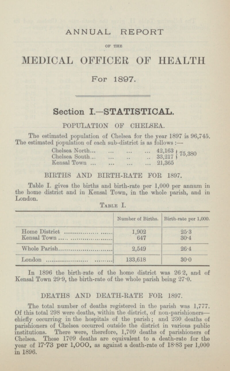 ANNUAL REPORT OF THE MEDICAL OFFICER OF HEALTH For 1897. Section I.-STATISTICAL. POPULATION OF CHELSEA. The estimated population of Chelsea for the year 1897 is 96,745. The estimated population of each sub-district is as follows : — Chelsea North 42,163 Chelsea South 33,217 }5880 Kensal Town 21,365 BIRTHS AND BIRTH-RATE FOR 1897. Table I. gives the births and birth-rate per 1,000 per annum in the home district and in Kensal Town, in the whole parish, and in London. Table I. Number of Births. Birth-rate per 1,000. Home District 1,902 25.3 Kensal Town 647 30.4 Whole Parish 2,549 26.4 London 133,618 30.0 In 1896 the birthrate of the home district was 26.2, and of Kensal Town 29.9, the birth-rate of the whole parish being 27.0. DEATHS AND DEATH-RATE FOR 1897. The total number of deaths registered in the pariah was 1,777. Of this total 298 were deaths, within the district, of non-parishioner s— chiefly occurring in the hospitals of the parish ; and 230 deaths of parishioners of Chelsea occurred outside the district in various public institutions. There were, therefore, 1,709 deaths of parishioners of Chelsea. These 1709 deaths are equivalent to a death-rate for the year of 17.73 per 1,000, as against a death-rate of 18.83 per 1,000 in 1896.