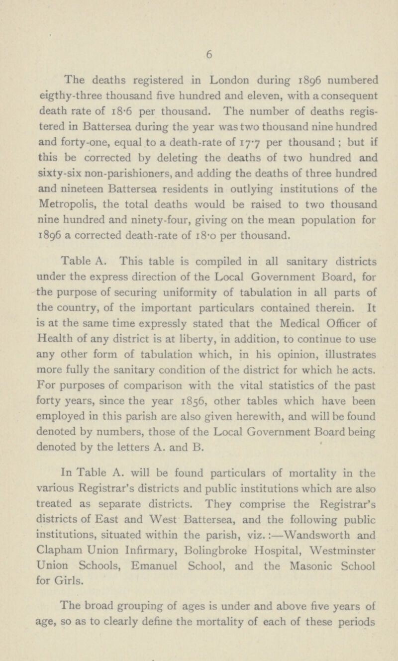 6 The deaths registered in London during 1896 numbered eigthy-three thousand five hundred and eleven, with a consequent death rate of 18.6 per thousand. The number of deaths regis tered in Battersea during the year was two thousand nine hundred and forty-one, equal to a death-rate of 17.7 per thousand ; but if this be corrected by deleting the deaths of two hundred and sixty-six non-parishioners, and adding the deaths of three hundred and nineteen Battersea residents in outlying institutions of the Metropolis, the total deaths would be raised to two thousand nine hundred and ninety-four, giving on the mean population for 1896 a corrected death-rate of 18.0 per thousand. Table A. This table is compiled in all sanitary districts under the express direction of the Local Government Board, for the purpose of securing uniformity of tabulation in all parts of the country, of the important particulars contained therein. It is at the same time expressly stated that the Medical Officer of Health of any district is at liberty, in addition, to continue to use any other form of tabulation which, in his opinion, illustrates more fully the sanitary condition of the district for which he acts. For purposes of comparison with the vital statistics of the past forty years, since the year 1856, other tables which have been employed in this parish are also given herewith, and will be found denoted by numbers, those of the Local Government Board being denoted by the letters A. and B. In Table A. will be found particulars of mortality in the various Registrar.s districts and public institutions which are also treated as separate districts. They comprise the Registrar.s districts of East and West Battersea, and the following public institutions, situated within the parish, viz.:—Wandsworth and Clapham Union Infirmary, Bolingbroke Hospital, Westminster Union Schools, Emanuel School, and the Masonic School for Girls. The broad grouping of ages is under and above five years of age, so as to clearly define the mortality of each of these periods