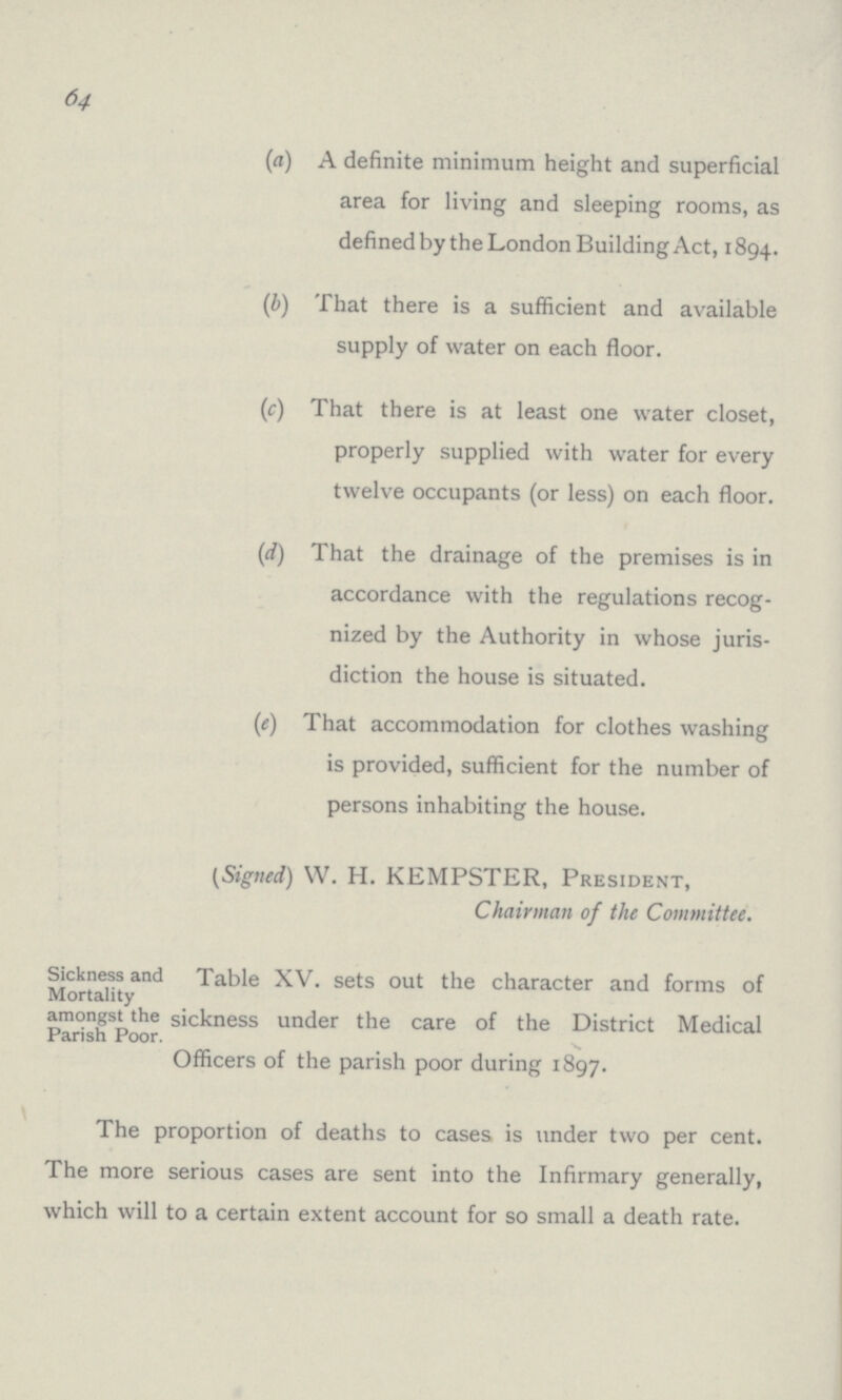 64 (a) A definite minimum height and superficial area for living and sleeping rooms, as defined by the London Building Act, 1894. (b) That there is a sufficient and available supply of water on each floor. (c) That there is at least one water closet, properly supplied with water for every twelve occupants (or less) on each floor. (d) That the drainage of the premises is in accordance with the regulations recog nized by the Authority in whose juris diction the house is situated. (e) That accommodation for clothes washing is provided, sufficient for the number of persons inhabiting the house. (Signed) W. H. KEMPSTER, President, Chairman of the Committee. Sickness and Mortality amongst the Parish Poor. Table XV. sets out the character and forms of sickness under the care of the District Medical Officers of the parish poor during 1897. The proportion of deaths to cases is under two per cent. The more serious cases are sent into the Infirmary generally, which will to a certain extent account for so small a death rate.