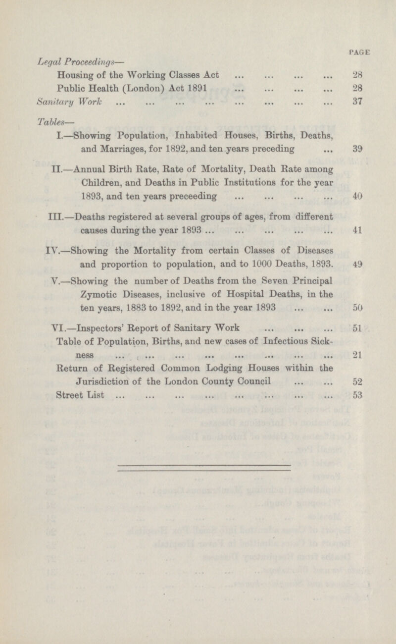 PAGE Legal Proceedings— Housing of the Working Classes Act 28 Public Health (London) Act 1891 28 Sanitary Work 37 Tables— I.—Showing Population, Inhabited Houses, Births, Deaths, and Marriages, for 1892, and ten years preceding 39 ll.—Annual Birth Rate, Rate of Mortality, Death Rate among Children, and Deaths in Public Institutions for the year 1893, and ten years proceeding 40 III.—Deaths registered at several groups of ages, from different causes during the year 1893 41 IV.—Showing the Mortality from certain Classes of Diseases and proportion to population, and to 1000 Deaths, 1893. 49 V.—Showing the number of Deaths from the Seven Principal Zymotic Diseases, inclusive of Hospital Deaths, in the ten years, 1883 to 1892, and in the year 1893 50 VI.—Inspectors' Report of Sanitary Work 51 Table of Population, Births, and new cases of Infectious Sickness 21 Return of Registered Common Lodging Houses within the Jurisdiction of the London County Council 52 Street List 53