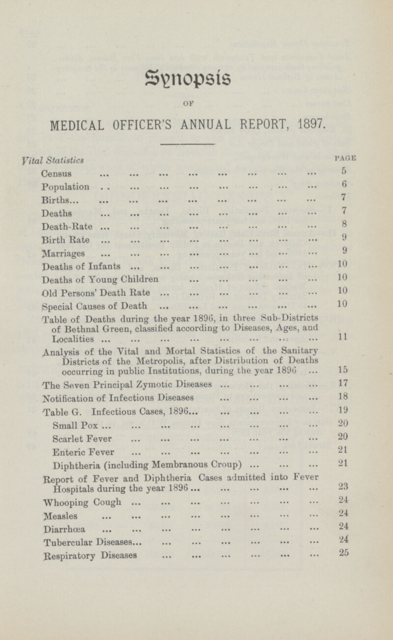 Synopsis of MEDICAL OFFICER'S ANNUAL REPORT, 1897. Vital Statistics page Census 5 Population 6 Births 7 Deaths 7 Death-Rate 8 Birth Rate 9 Marriages 9 Deaths of Infants 10 Deaths of Young Children 10 Old Persons' Death Rate 10 Special Causes of Death 10 Table of Deaths during the year 1896, in three Sub-Districts of Bethnal Green, classified according to Diseases, Ages, and Localities 11 Analysis of the Vital and Mortal Statistics of the Sanitary Districts of the Metropolis, after Distribution of Deaths occurring in public Institutions, during the year 1890 15 The Seven Principal Zymotic Diseases 17 Notification of Infectious Diseases 18 Table G. Infectious Cases, 1896 19 Small Pox 20 Scarlet Fever 20 Enteric Fever 21 Diphtheria (including Membranous Croup) 21 Report of Fever and Diphtheria Cases admitted into Fever Hospitals during the year 1896 23 Whooping Cough 24 Measles 24 Diarrhoea 24 Tubercular Diseases 24 Respiratory Diseases 25