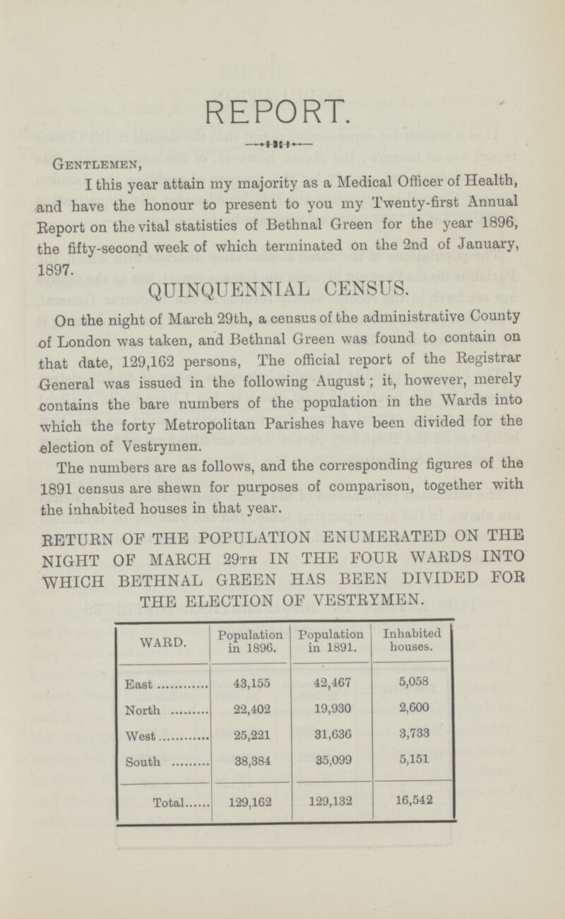 REPORT. Gentlemen, I this year attain my majority as a Medical Officer of Health, and have the honour to present to you my Twenty-first Annual Report on the vital statistics of Bethnal Green for the year 1896, the fifty-second week of which terminated on the 2nd of January, 1897. QUINQUENNIAL CENSUS. On the night of March 29th, a census of the administrative County of London was taken, and Bethnal Green was found to contain on that date, 129,162 persons, The official report of the Registrar General was issued in the following August; it, however, merely contains the bare numbers of the population in the Wards into which the forty Metropolitan Parishes have been divided for the election of Vestrymen. The numbers are as follows, and the corresponding figures of the 1891 census are shewn for purposes of comparison, together with the inhabited houses in that year. RETURN OF THE POPULATION ENUMERATED ON THE NIGHT OF MARCH 29th IN THE FOUR WARDS INTO WHICH BETHNAL GREEN HAS BEEN DIVIDED FOR THE ELECTION OF VESTRYMEN. WARD. Population in 1896. Population in 1891. Inhabited houses. East 43,155 42,467 5,058 North 22,402 19,930 2,600 West 25,221 31,636 3,733 South 38,384 35,099 5,151 Total 129,162 129,132 16,542