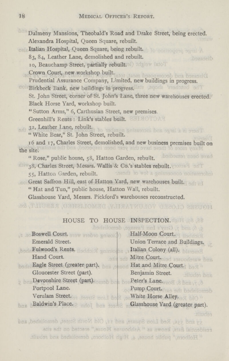 18 Medical Officer's Report. Dalmeny Mansions, Theobald's Road and Drake Street, being erected. Alexandra Hospital, Queen Square, rebuilt. Italian Hospital, Queen Square, being rebuilt. 83, 84, Leather Lane, demolished and rebuilt. 10, Beauchamp Street, partially rebuilt. Crown Court, new workshop built. Prudential Assurance Company, Limited, new buildings in progress. Birkbeck Bank, new buildings in progress. St. John Street, corner of St. John's Lane, three new warehouses erected. Black Horse Yard, workshop built. Sutton Arms, 6, Carthusian Street, new premises, Greenhill's Rents : Link's stables built. 32, Leather Lane, rebuilt. White Bear, St. John Street, rebuilt. 16 and 17, Charles Street, demolished, and new business premises built on the site. Rose, public house, 58, Hatton Garden, rebuilt. 38, Charles Street, Messrs. Wallis & Co.'s stables rebuilt. 55, Hatton Garden, rebuilt. Great Saffron Hill, east of Hatton Yard, new warehouses built. Hat and Tun, public house, Hatton Wall, rebuilt. Glasshouse Yard, Messrs. Pickford's warehouses reconstructed. HOUSE TO HOUSE INSPECTION. Boswell Court. Half-Moon Court. Emerald Street. Union Terrace and Buildings. Fulwood's Rents. Italian Colony (all). Hand Court. Mitre Court. Eagle Street (greater part). Hat and Mitre Court. Gloucester Street (part). Benjamin Street. Devonshire Street (part). Peter's Lane. Portpool Lane. Pump Court. Verulam Street. White Horse Alley. Baldwin's Place. Glasshouse Yard (greater part).