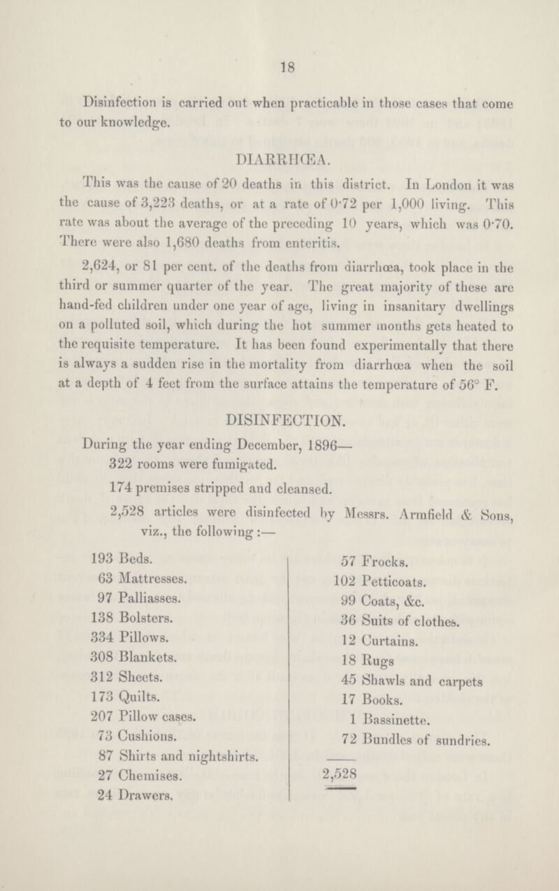 18 Disinfection is carried ont when practicable in those cases that come to our knowledge. DIARRHŒA. This was the cause of 20 deaths in this district. In London it was the cause of 3,223 deaths, or at a rate of 0.72 per 1,000 living. This rate was about the average of the preceding 10 years, which was 0.70. There were also 1,680 deaths from enteritis. 2,624, or 81 per cent. of the deaths from diarrhoea, took place in the third or summer quarter of the year. The great majority of these are hand-fed children under one year of age, living in insanitary dwellings on a polluted soil, which during the hot summer months gets heated to the requisite temperature. It has been found experimentally that there is always a sudden rise in the mortality from diarrhoea when the soil at a depth of 4 feet from the surface attains the temperature of 56° F. DISINFECTION. During the year ending December, 1896— 322 rooms were fumigated. 174 premises stripped and cleansed. 2,528 articles were disinfected by Messrs. Armfield & Sons, viz., the following:— 193 Beds. 63 Mattresses. 97 Palliasses. 138 Bolsters. 334 Pillows. 308 Blankets. 312 Sheets. 173 Quilts. 207 Pillow cases. 73 Cushions. 87 Shirts and nightshirts. 27 Chemises. 24 Drawers. 57 Frocks. 102 Petticoats. 99 Coats, &c. 36 Suits of clothes. 12 Curtains. 18 Rugs 45 Shawls and carpets 17 Books. 1 Bassinette. 72 Bundles of sundries. 2,528