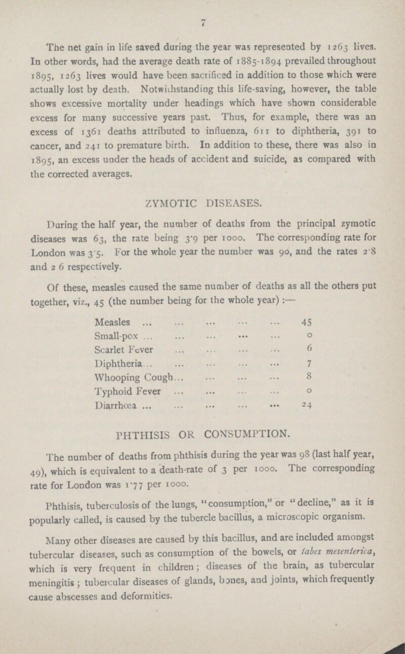 7 The net gain in life saved during the year was represented by 1263 lives. In other words, had the average death rate of 1885-1894 prevailed throughout 1895, 1263 lives would have been sacrificed in addition to those which were actually lost by death. Notwithstanding this life-saving, however, the table shows excessive mortality under headings which have shown considerable excess for many successive years past. Thus, for example, there was an excess of 1361 deaths attributed to influenza, 611 to diphtheria, 391 to cancer, and 241 to premature birth. In addition to these, there was also in 1895, an excess under the heads of accident and suicide, as compared with the corrected averages. ZYMOTIC DISEASES. During the half year, the number of deaths from the principal zymotic diseases was 63, the rate being 3.9 per 1000. The corresponding rate for London was 3.5. For the whole year the number was 90, and the rates 2.8 and 26 respectively. Of these, measles caused the same number of deaths as all the others put together, viz., 45 (the number being for the whole year):— Measles 45 Small-pox 0 Scarlet Fever 6 Diphtheria 7 Whooping Cough 8 Typhoid Fever 0 Diarrhcea 24 PHTHISIS OR CONSUMPTION. The number of deaths from phthisis during the year was 98 (last half year, 49), which is equivalent to a death-rate of 3 per 1000. The corresponding rate for London was 177 per 1000. Phthisis, tuberculosis of the lungs, consumption, or decline, as it is popularly called, is caused by the tubercle bacillus, a microscopic organism. Many other diseases are caused by this bacillus, and are included amongst tubercular diseases, such as consumption of the bowels, or tabes mesenlerica, which is very frequent in children; diseases of the brain, as tubercular meningitis ; tubeicular diseases of glands, banes, and joints, which frequently cause abscesses and deformities.