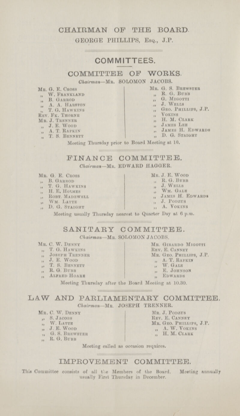 CHAIRMAN OF THE BOARD. GEORGE PHILLIPS, Esq., J.P. COMMITTEES. COMMITTEE OF WORKS. Chairman—Mr. SOLOMON JACOBS. Mr. G. E. Cross Mr. G. S. Brewster „ W. Frankland „ R. G. Bubb „ B. Garrod „ G. Migotti „ A. A. Harston „ J. Wells „ T. G. Hawkins „ Geo. Phillips, J.P. Rev. fk. Thorne „ Vokins Mr. J. Trenner „ h. M. Clark „ J. E. Wood „ James Lee „ A. T. Rapkin „ James H. Edwards „ T. S. Bennett „ d. G. Staight Meeting Thursday prior to Hoard Meeting at 10. FINANCE COMMITTEE. Chairman—Mr. EDWARD HAGGER. Mr. G. E. Cross Mr. J. E. Wood „ B. Garrod „ R. G. Bubb „ T. G. Hawkins „ J. Wells „ H. E. Holmes „ Wm. Gale „ Robt. Madewell „ James H. edwards „ Wm Latte „ J. Podzus „ D. G. Staight ,, A. Vokins Meeting usually Thursday nearest to Quarter Day at 6 p.m. SANITARY COMMITTEE. Chairman—Mr. SOLOMON JACOBS. Mr. C. W. Denny Mr. Girardo Migotti „ T. G. Hawkins Rev. E. Canney „ Joseph Trenner Mr. Geo. Phillips, J.P. ,, j. E. Wood „ A. T. Rapkin „ T. S. bennett „ W. Gale „ R. G. Bubb „ E. Johnson „ Alfred Hoare „ Edwards Meeting Thursday after the Board Meeting at 10.30. LAW AND PARLIAMENTARY COMMITTEE. Chairman—mr. JOSEPH TRENNER. Mr. C. W. Denny Mr. J. Podzus „ S. Jacobs Rev. E. Canney „ W. Latte Mb. Geo. Phillips, J.P. „ J. E. Wood „ A. W. Vokins „ G. S. Brewster „ H. M. Clark „ R. G. Bubb Meeting called as occasion requires. IMPROVEMENT COMMITTEE. This Committee consists of all the Members of the Board. Meeting annually usually First Thursday in December.