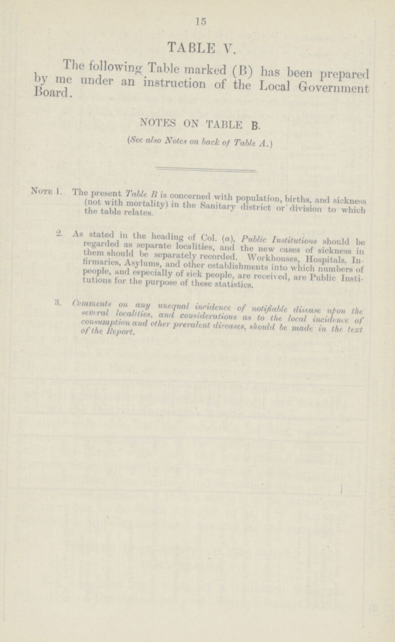 15 TABLE V. The following Table marked (B) has been prepared by me under an instruction of the Local Government Board. NOTES ON TABLE B. (See also Notes on back of Table A.) Note 1. The present Table B is concerned with population, births, and sickness (not with mortality) in the Sanitary district or division to which the table relates. 2. As stated in the heading of Col. (a), Public Institutions should be regarded as separate localities, and the new cases of sickness in them should be separately recorded. Workhouses, Hospitals, In firmaries, Asylums, and other establishments into which numbers of people, aud especially of sick people, are received, are Public Insti tutions for the purpose of these statistics. 3. Comments on any unequal incidence of notifiable disease upon the several localities, and considerations as to the local incidence of consumption and other prevalent diseases, should be made in the text of the Report.