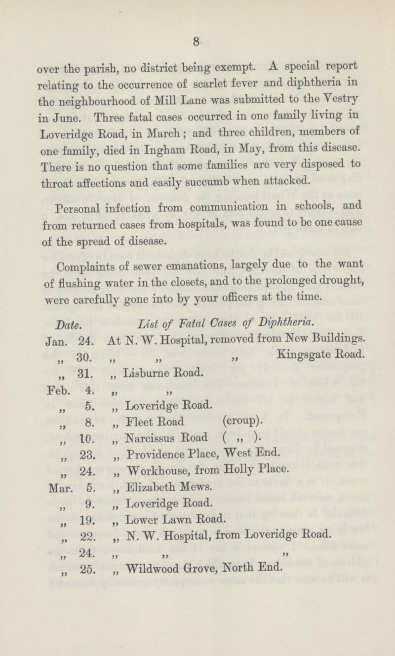 8 over the parish, no district heing exempt. A special report relating to the occurrence of scarlet fever and diphtheria in the neighbourhood of Mill Lane was submitted to the Vestry in June. Three fatal cases occurred in one family living in Loveridge Road, in March; and three children, members of one family, died in Ingham Road, in May, from this disease. There is no question that some families are very disposed to throat affections and easily succumb when attacked. Personal infection from communication in schools, and from returned cases from hospitals, was found to be one cause of the spread of disease. Complaints of sewer emanations, largely due to the want of flushing water in the closets, and to the prolonged drought, were carefully gone into by your officers at the time. Date. List of Fatal Cases of Diphtheria. Jan. 24. At N. W. Hospital, removed from New Buildings. „ 30. „ „ „ Kingsgate Road. „ 31. „ Lisburne Road. Feb. 4. „ „ „ 5. „ Loveridge Road. „ 8. „ Fleet Road (croup). „ 10. „ Narcissus Road ( „ ). „ 23. „ Providence Place, West End. „ 24. „ Workhouse, from Holly Place. Mar. 5. „ Elizabeth Mews. „ 9. „ Loveridge Road. „ 19. „ Lower Lawn Road. „ 22. „ N. W. Hospital, from Loveridge Road. „ 24. „ „ „ „ 25. „ Wildwood Grove, North End.