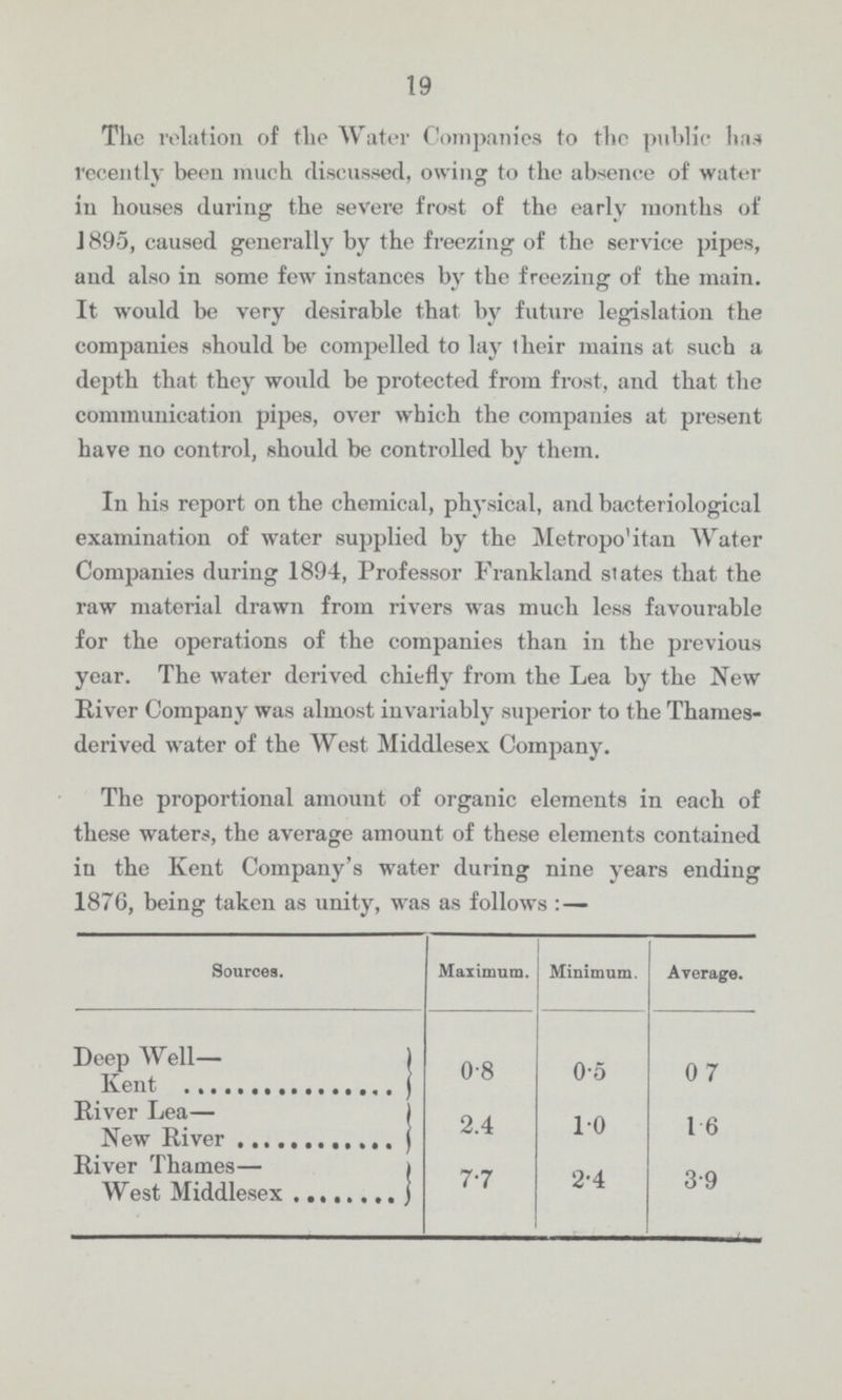 19 The relation of the Water Companies to the public has recently been much discussed, owing to the absence of water in houses during the severe frost of the early months of 1895, caused generally by the freezing of the service pipes, and also in some few instances by the freezing of the main. It would be very desirable that by future legislation the companies should be compelled to lay their mains at such a depth that they would be protected from frost, and that the communication pipes, over which the companies at present have no control, should be controlled by them. In his report on the chemical, physical, and bacteriological examination of water supplied by the Metropo'itan Water Companies during 1894, Professor Frankland states that the raw material drawn from rivers was much less favourable for the operations of the companies than in the previous year. The water derived chiefly from the Lea by the New River Company was almost invariably superior to the Thames derived water of the West Middlesex Company. The proportional amount of organic elements in each of these waters, the average amount of these elements contained in the Kent Company's water during nine years ending 1876, being taken as unity, was as follows:— Sources. Maximum. Minimum. Average. Deep Well— Kent 0.8 0.5 0.7 River Lea— New River 2.4 1.0 1.6 River Thames— West Middlesex 7.7 2.4 3.9