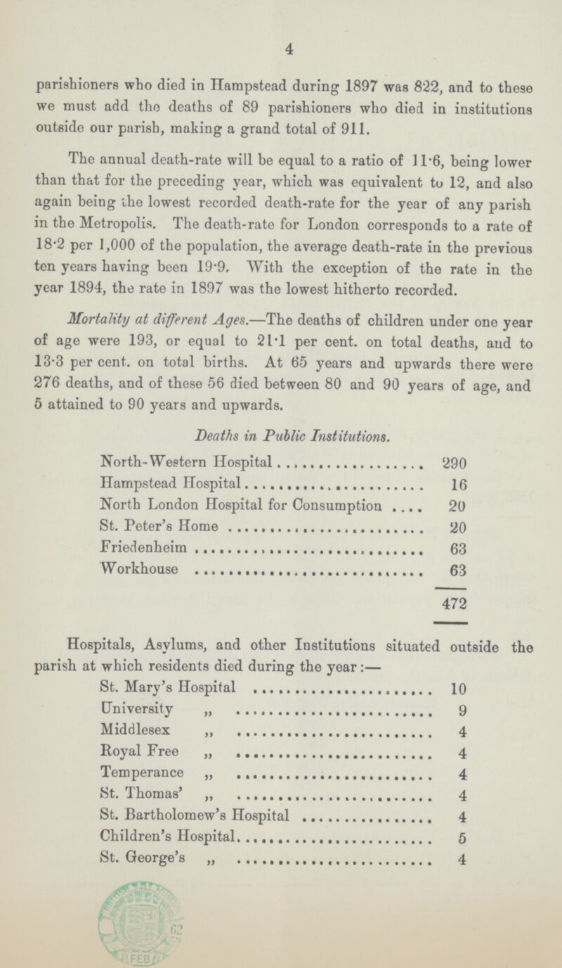 4 parishioners who died in Hampstead during 1897 was 822, and to these we must add tho deaths of 89 parishioners who died in institutions outside our parish, making a grand total of 911. The annual death-rate will be equal to a ratio of 11.6, being lower than that for the preceding year, which was equivalent to 12, and also again being vhe lowest recorded death-rate for the year of any parish in the Metropolis. The death-rate for London corresponds to a rate of 18.2 per 1,000 of the population, the average death-rate in the previous ten years having been 19.9, With the exception of the rate in the year 1894, the rate in 1897 was the lowest hitherto recorded. Mortality at different Ages.—The deaths of children under one year of age were 193, or equal to 21.1 per cent. on total deaths, and to 13.3 per cent. on total births. At 65 years and upwards there were 276 deaths, and of these 56 died between 80 and 90 years of age, and 5 attained to 90 years and upwards. Deaths in Public Institutions. North-Western Hospital 290 Hampstead Hospital 16 North London Hospital for Consumption 20 St. Peter's Home 20 Friedenheim 63 Workhouse 63 472 Hospitals, Asylums, and other Institutions situated outside the parish at which residents died during the year:— St. Mary's Hospital 10 University 9 Middlesex 4 Royal Free „ 4 Temperance „ 4 St. Thomas' „ 4 St. Bartholomew's Hospital 4 Children's Hospital 5 St. George's „ 4