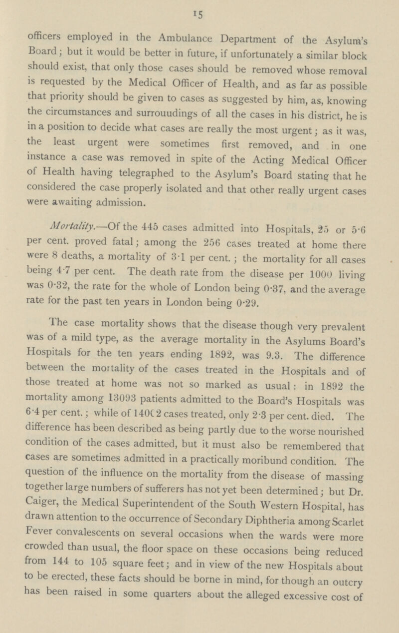 15 officers employed in the Ambulance Department of the Asylum's Board; but it would be better in future, if unfortunately a similar block should exist, that only those cases should be removed whose removal is requested by the Medical Officer of Health, and as far as possible that priority should be given to cases as suggested by him, as, knowing the circumstances and surrouudings of all the cases in his district, he is in a position to decide what cases are really the most urgent; as it was, the least urgent were sometimes first removed, and in one instance a case was removed in spite of the Acting Medical Officer of Health having telegraphed to the Asylum's Board stating that he considered the case properly isolated and that other really urgent cases were awaiting admission. Mortality.—Of the 445 cases admitted into Hospitals, 25 or 5.6 per cent, proved fatal; among the 256 cases treated at home there were 8 deaths, a mortality of 31 per cent.; the mortality for all cases being 47 per cent. The death rate from the disease per 1000 living was 0.32, the rate for the whole of London being 0.37. and the average rate for the past ten years in London being 0.29. The case mortality shows that the disease though very prevalent was of a mild type, as the average mortality in the Asylums Board's Hospitals for the ten years ending 1892, was 9.3. The difference between the mortality of the cases treated in the Hospitals and of those treated at home was not so marked as usual: in 1892 the mortality among 13093 patients admitted to the Board's Hospitals was 6.4 per cent.; while of 140C2 cases treated, only 2 3 per cent. died. The difference has been described as being partly due to the worse nourished condition of the cases admitted, but it must also be remembered that cases are sometimes admitted in a practically moribund condition. The question of the influence on the mortality from the disease of massing together large numbers of sufferers has not yet been determined; but Dr. Caiger, the Medical Superintendent of the South Western Hospital, has drawn attention to the occurrence of Secondary Diphtheria among Scarlet Fever convalescents on several occasions when the wards were more crowded than usual, the floor space on these occasions being reduced from 144 to 105 square feet; and in view of the new Hospitals about to be erected, these facts should be borne in mind, for though an outcry has been raised in some quarters about the alleged excessive cost of
