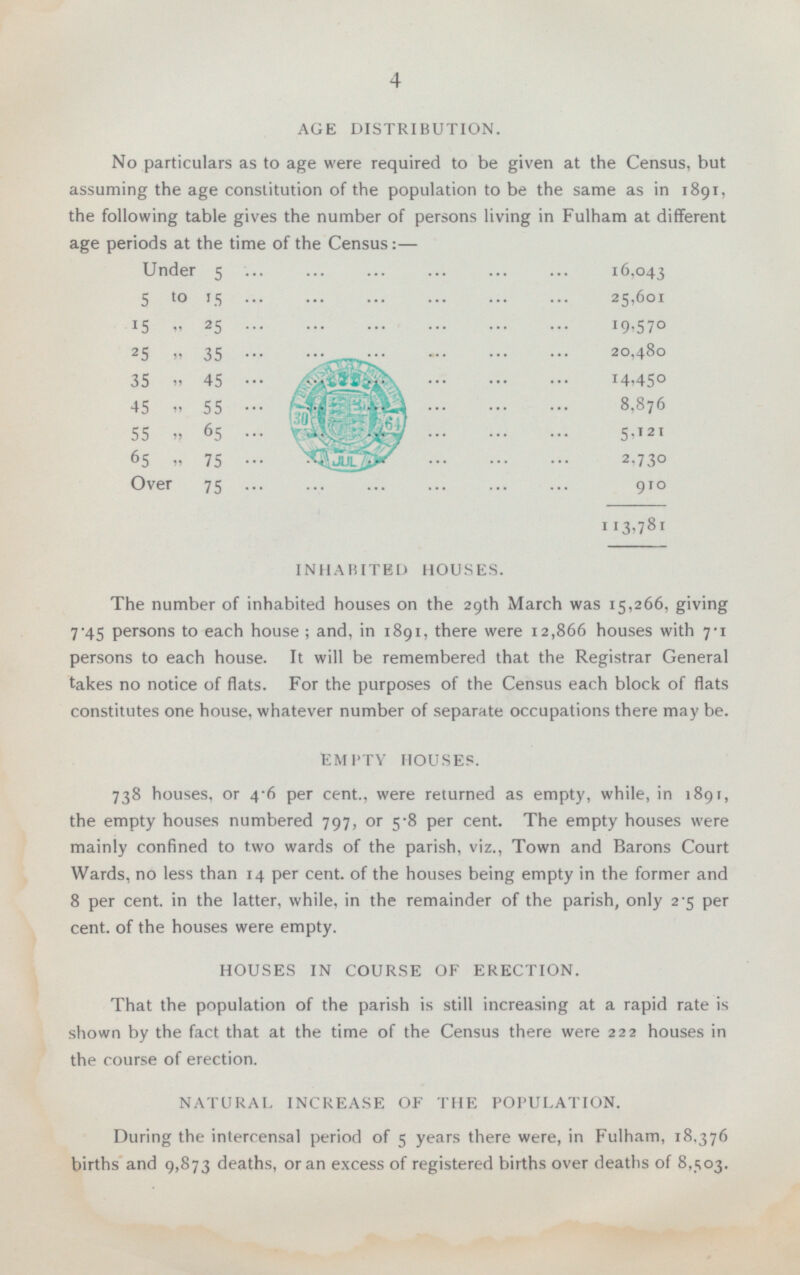 4 AGE DISTRIBUTION. No particulars as to age were required to be given at the Census, but assuming the age constitution of the population to be the same as in 1891, the following table gives the number of persons living in Fulham at different age periods at the time of the Census:— Under 5 16,043 5 to 15 25,601 15 „ 25 1 9,579 25 „ 35 20,480 35 „ 45 14,450 45 „ 55 8,876 55 „ 65 5,121 65 „ 75 2,730 Over 75 910 113,781 INHABITED HOUSES. The number of inhabited houses on the 29th March was 15,266, giving 7.45 persons to each house; and, in 1891, there were 12,866 houses with 7.1 persons to each house. It will be remembered that the Registrar General takes no notice of flats. For the purposes of the Census each block of flats constitutes one house, whatever number of separate occupations there may be. EMPTY HOUSES. 738 houses, or 4.6 per cent., were returned as empty, while, in 1891, the empty houses numbered 797, or 5.8 per cent. The empty houses were mainly confined to two wards of the parish, viz., Town and Barons Court Wards, no less than 14 per cent, of the houses being empty in the former and 8 per cent, in the latter, while, in the remainder of the parish, only 2.5 per cent. of the houses were empty. HOUSES IN COURSE OF ERECTION. That the population of the parish is still increasing at a rapid rate is shown by the fact that at the time of the Census there were 222 houses in the course of erection. NATURAL INCREASE OF THE POPULATION. During the intercensal period of 5 years there were, in Fulham, 18.376 births and 9,873 deaths, or an excess of registered births over deaths of 8,503.