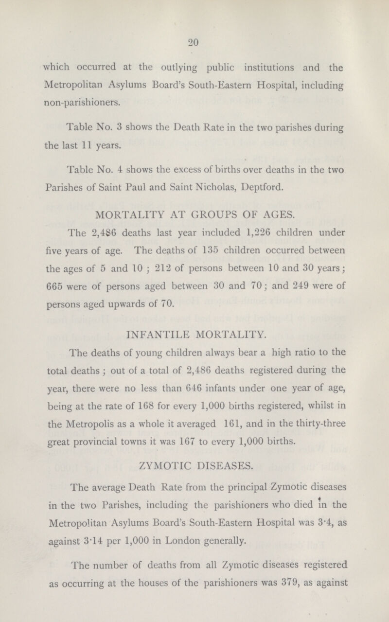 20 which occurred at the outlying public institutions and the Metropolitan Asylums Board's South-Eastern Hospital, including non-parishioners. Table No. 3 shows the Death Rate in the two parishes during the last 11 years. Table No. 4 shows the excess of births over deaths in the two Parishes of Saint Paul and Saint Nicholas, Deptford. MORTALITY AT GROUPS OF AGES. The 2,486 deaths last year included 1,226 children under five years of age. The deaths of 135 children occurred between the ages of 5 and 10 ; 212 of persons between 10 and 30 years; 665 were of persons aged between 30 and 70; and 249 were of persons aged upwards of 70. INFANTILE MORTALITY. The deaths of young children always bear a high ratio to the total deaths ; out of a total of 2,486 deaths registered during the year, there were no less than 646 infants under one year of age, being at the rate of 168 for every 1,000 births registered, whilst in the Metropolis as a whole it averaged 161, and in the thirty-three great provincial towns it was 167 to every 1,000 births. ZYMOTIC DISEASES. The average Death Rate from the principal Zymotic diseases in the two Parishes, including the parishioners who died in the Metropolitan Asylums Board's South-Eastern Hospital was 3.4, as against 3.14 per 1,000 in London generally. The number of deaths from all Zymotic diseases registered as occurring at the houses of the parishioners was 379, as against