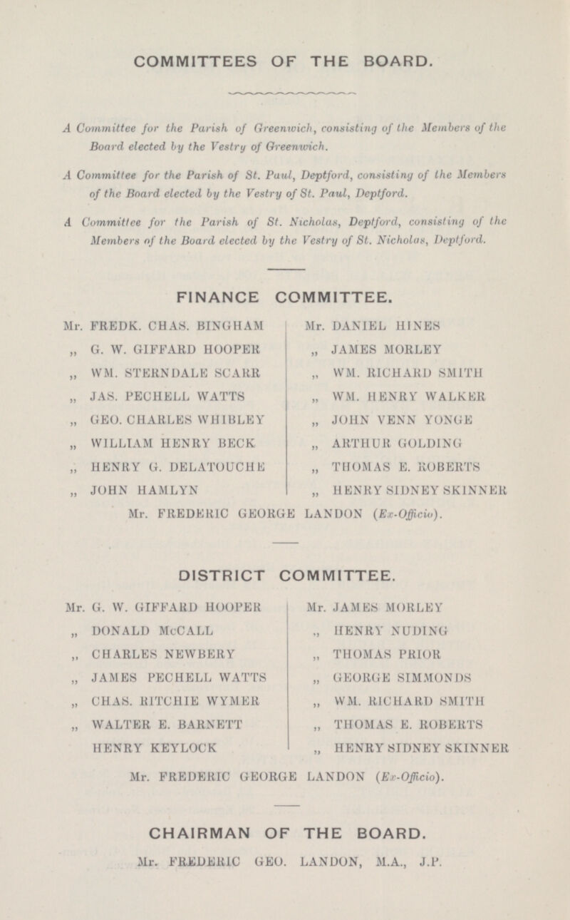 COMMITTEES OF THE BOARD. A Committee for the Parish of Greenwich , consisting of the Members of the Board elected by the Vestry of Greenwich. A Committee for the Pariah of St. Paul, Deptfond, consisting of the Members of the Board elected by the Vestry of St. Paul, Deptford. A Committee for the Parish of St. Nicholas, Deptford, consisting of the Members of the Board elected by the Vestry of St. Nicholas, Deptford. FINANCE COMMITTEE. Mr. FREDK. CHAS. BINGHAM Mr. DANIEL HINES „ G. W. GIFFARD HOOPER „ JAMES MORLEY „ WM. STERNDALE SCARR „ WM. RICHARD SMITH „ JAS. PECHELL WATTS „ WM. HENRY WALKER „ GEO. CHARLES WHIBLEY „ JOHN VENN YONGE „ WILLIAM HENRY BECK „ ARTHUR GOLDING „ HENRY G. DELATOUCHE „ THOMAS E. ROBERTS „ JOHN HAMLYN „ HENRY SIDNEY SKINNER Mr. FREDERIC GEORGE LANDON (Ex.Officio). DISTRICT COMMITTEE. Mr. G. W. GIFFARD HOOPER Mr. JAMES MORLEY „ DONALD McCALL „ HENRY NUDING „ CHARLES NEWBERY „ THOMAS PRIOR „ JAMES PECHELL WATTS „ GEORGE SIMMONDS „ CHAS. RITCHIE WYMER „ WM. RICHARD SMITH „ WALTER E. BARNETT „ THOMAS E. ROBERTS HENRY KEYLOCK „ HENRY SIDNEY SKINNER Mr. FREDERIC GEORGE LANDON (Ex-Oficio). CHAIRMAN OF THE BOARD. Mr. FREDERIC GEO. LANDON, M.A., J.P.