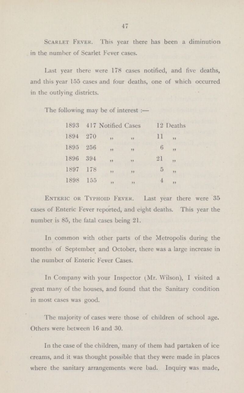 47 Scarlet Fever. This year there has been a diminution in the number of Scarlet Fever cases. Last year there were 178 cases notified, and five deaths, and this year 155 cases and four deaths, one of which occurred in the outlying districts. The following may be of interest: — 1893 417 Notified Cases 12 Deaths 1894 270 11 „ „ „ 1895 256 6 „ „ „ 1896 394 21 „ „ „ 1897 178 5 „ „ „ 1898 155 4 „ „ „ Enteric or Typhoid Fever. Last year there were 35 cases of Enteric Fever reported, and eight deaths. This year the number is 85, the fatal cases being 21. In common with other parts of the Metropolis during the months of September and October, there was a large increase in the number of Enteric Fever Cases. In Company with your Inspector Wilson), I visited a great many of the houses, and found that the Sanitary condition in most cases was good. The majority of cases were those of children of school age Others were between 16 and 30. In the case of the children, many of them had partaken of ice creams, and it was thought possible that they were made in places where the sanitary arrangements were bad. Inquiry was made,