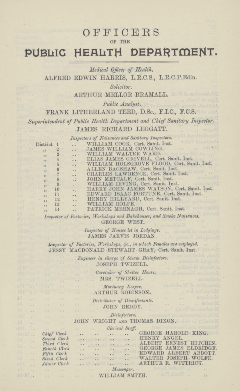 OFFICERS OF THE PUBLIC HEALTH DEPARTMENT. Medical Officer of Health. ALFEED EDWIN HAREIS, L.R.C.S., L.E.C.P.Edin. Solicitor. AETHUE MELLOR BEAMALL. Public Analyst. FEANK LITHEELAND TEED, D.Sc., F.I.C., F.C.S. Superintendent of Public Health Department and Chief Sanitary Inspector. JAMES EICHAED LEGGATT. Inspectors of Nuisances and Sanitary Inspectors. District 1 WILLIAM COOK, Cart. Sanit. Inst. „ 2 JAMES WILLIAM COWLING. „ 3 WILLIAM WALTER WARD. „ 4 ELIAS JAMES GRIVELL, Cert. Sanit. Inst. „ 6 WILLIAM HOLSGROVE FLOOD, Cert. Sanit. Inst. ,, 6 ALLEN BAGSHAW, Cert. Sanit. Inst. „ 7 CHARLES LAWRENCE, Cert. Sanit. Inst. ,, 8 JOHN METCALF, Cert. Sanit. Inst. „ 9 WILLIAM IRVING, Cert. Sanit. Inst. „ 10 HARRY JOHN JAMES WATSON, Cert. Sanit. Inst. ,, 11 EDWARD ISAAC FORTUNE, Cert. Sanit. Inst. ,, 12 HENRY HI LLYARD, Cert. Sanit. Inst. „ 13WILLIAM ROLFE. „ 14 PATRICK MERNAGH, Cert. Sanit. Inst. Inspector of Factories, Workshops and Bakehouses, and Smoke Nuisances. GEORGE WEST. Inspector of Houses let in Lodgings. JAMES JARVIS JORDAN. Inspector of Factories, Workshops, &c., in which Females are employed. JESSY MACDONALD STEWART GRAY, Cert, Sanit. Inst. Engineer in charge of Steam Disinfeetors. JOSEPH TWIZELL. Caretaker of Shelter House. MRS. TWIZELL. Mortuary Keeper. ARTHUR ROBINSON. Distributor of Disinfectants. JOHN REDDY. Disinfeetors. JOHN WRIGHT and THOMAS DIXON. Clerical Staff. Chief Clerk GEORGE HAROLD KING. Second Clerk HENRY ANGEL. Third Clerk ALBERT ERNEST HITCHIN. Fourth Clerk GEORGE JAMES ELDRIDGE. Fifth Clerk EDWARD ALBERT ABBOTT. Sixth Clerk WALTER JOSEPH WOLFE. Junior Clerk ARTHUR R. WITTRICK. Messenger. WILLIAM SMITH.