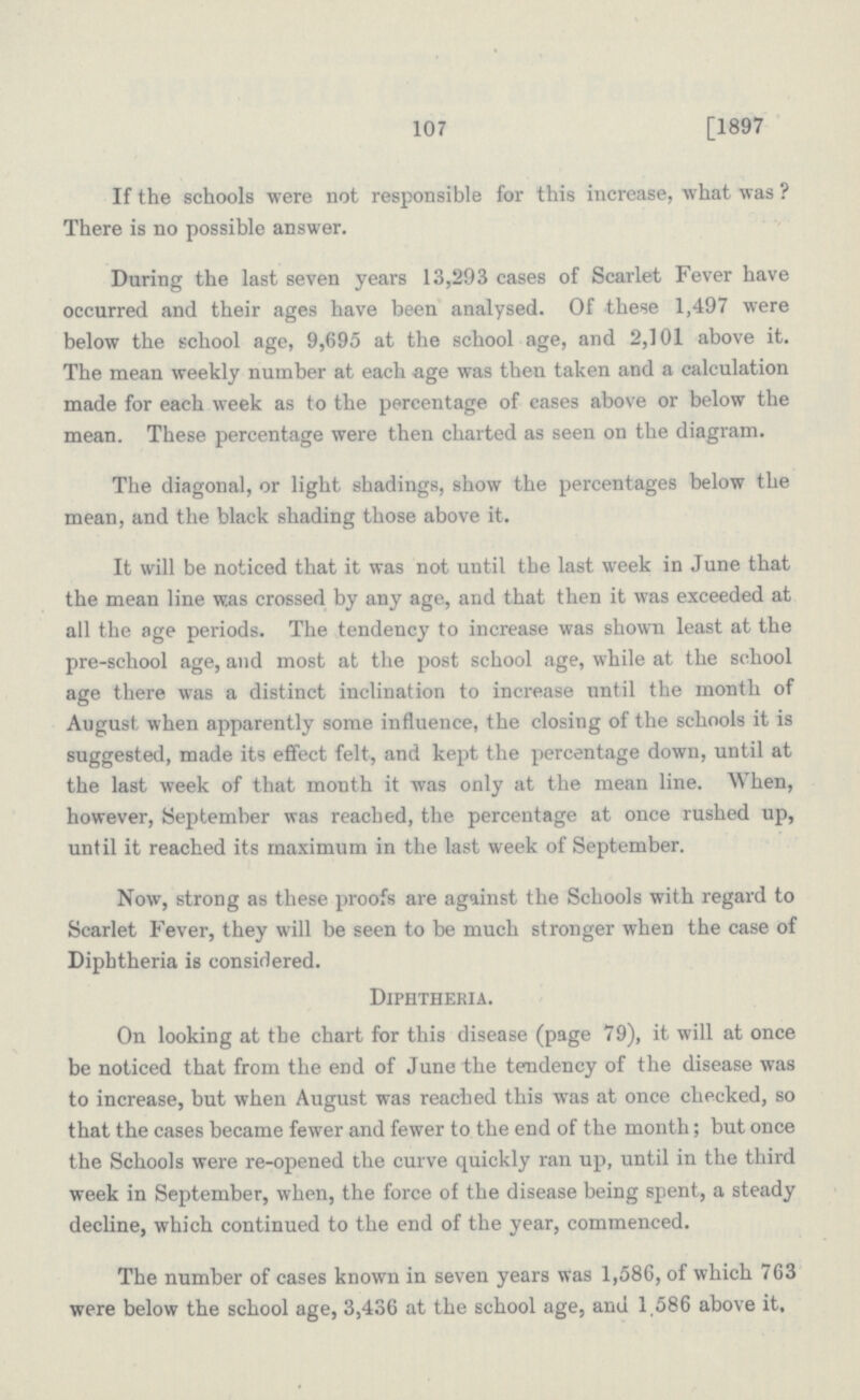 107 [1897 If the schools were not responsible for this increase, what was? There is no possible answer. During the last seven years 13,293 cases of Scarlet Fever have occurred and their ages have been analysed. Of these 1,497 were below the school age, 9,695 at the school age, and 2,101 above it. The mean weekly number at each age was then taken and a calculation made for each week as to the percentage of cases above or below the mean. These percentage were then charted as seen on the diagram. The diagonal, or light shadings, show the percentages below the mean, and the black shading those above it. It will be noticed that it was not until the last week in June that the mean line was crossed by any age, and that then it was exceeded at all the age periods. The tendency to increase was shown least at the pre-school age, and most at the post school age, while at the school age there was a distinct inclination to increase until the month of August when apparently some influence, the closing of the schools it is suggested, made its effect felt, and kept the percentage down, until at the last week of that month it was only at the mean line. When, however, September was reached, the percentage at once rushed up, until it reached its maximum in the last week of September. Now, strong as these proofs are against the Schools with regard to Scarlet Fever, they will be seen to be much stronger when the case of Diphtheria is considered. Diphtheria. On looking at the chart for this disease (page 79), it will at once be noticed that from the end of June the tendency of the disease was to increase, but when August was reached this was at once checked, so that the cases became fewer and fewer to the end of the month; but once the Schools were re-opened the curve quickly ran up, until in the third week in September, when, the force of the disease being spent, a steady decline, which continued to the end of the year, commenced. The number of cases known in seven years was 1,586, of which 763 were below the school age, 3,436 at the school age, and 1.586 above it.