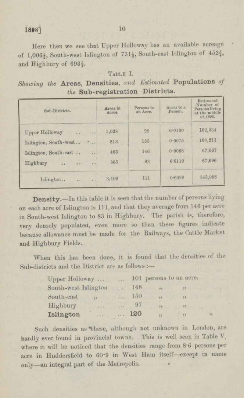 1898] 10 Here then we see that Upper Holloway has an available acreage of 1,006½, South.west Islington of 731½, South.east Islington of 452½ and Highbury of 693¾. Table I. Showing the Areas, Densities, and Estimated Populations of the Sub.registration Districts. Sub.Districts. Areas in Acres. Persons to an Acre. Acres to a Person. Estimated Number of Persons living at the middle of,1898. Upper Holloway 1,028 99 0.0100 102,034 Islington, South.west. 813 133 0.0075 108,211 Islington, South.cast 463 146 0.0068 67,667 Highbury 805 83 0.0119 67,096 Islington 3,109 111 0.0090 345,008 Density.—In this table it is seen that the number of persons living on each acre of Islington is 111, and that they average from 146 per acre in South.west Islington to 83 in Highbury. The parish is, therefore, very densely populated, even more so than these figures indicate because allowance must be made for the Railways, the Cattle Market and Highbury Fields. When this has been done, it is found that the densities of the Sub.districts and the District are as follows :— Upper Holloway 101 persons to an acre. South.west Islington 148 ,, „ South.east ,, 150 „ „ Highbury 97 „ ,, Islington 120 „ „ Such densities as these, although not unknown in London, are hardly ever found in provincial towns. This is well seen in Table V. where it will be noticed that the densities range from 8.6 persons per acre in Huddersfield to 60.9 in West Ham itself—except in name only—an integral part of the Metropolis.