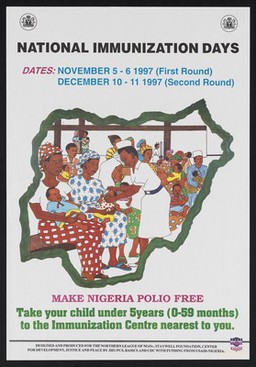 A nurse tends a baby on a mothers lap within a map of Nigeria: immunization against polio in Nigeria. Colour lithograph by Northern League of NGO's, ca. 1997.