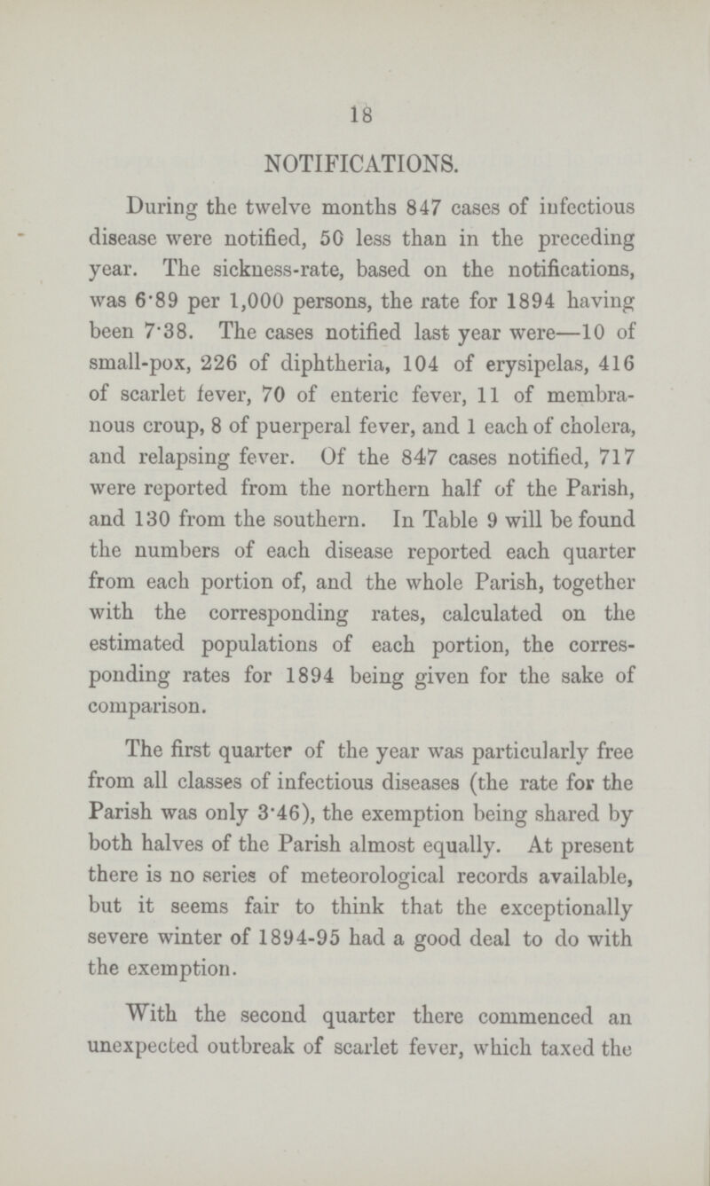 18 NOTIFICATIONS. During the twelve months 847 cases of infectious disease were notified, 50 less than in the preceding year. The sickness-rate, based on the notifications, was 6.89 per 1,000 persons, the rate for 1894 having been 7.38. The cases notified last year were—10 of small-pox, 226 of diphtheria, 104 of erysipelas, 416 of scarlet fever, 70 of enteric fever, 11 of membra nous croup, 8 of puerperal fever, and 1 each of cholera, and relapsing fever. Of the 847 cases notified, 717 were reported from the northern half of the Parish, and 130 from the southern. In Table 9 will be found the numbers of each disease reported each quarter from each portion of, and the whole Parish, together with the corresponding rates, calculated on the estimated populations of each portion, the corres ponding rates for 1894 being given for the sake of comparison. The first quarter of the year was particularly free from all classes of infectious diseases (the rate for the Parish was only 3.46), the exemption being shared by both halves of the Parish almost equally. At present there is no series of meteorological records available, but it seems fair to think that the exceptionally severe winter of 1894-95 had a good deal to do with the exemption. With the second quarter there commenced an unexpected outbreak of scarlet fever, which taxed the
