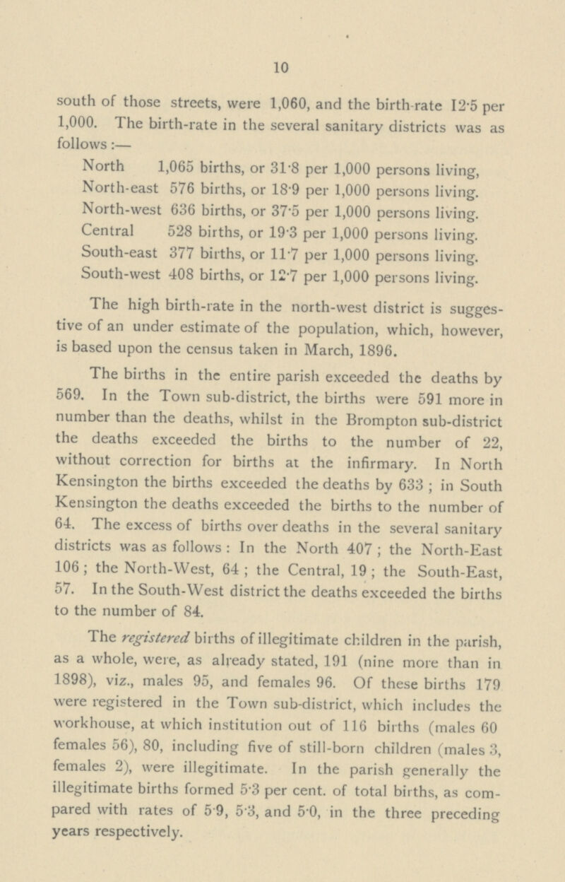 10 south of those streets, were 1,060, and the birth rate 12.5 per 1,000. The birth-rate in the several sanitary districts was as follows:— North 1,065 births, or 3.18 per 1,000 persons living, North-east 576 births, or 18.9 per 1,000 persons living. North-west 636 births, or 37.5 per 1,000 persons living. Central 528 births, or 19.3 per 1,000 persons living. South-east 377 births, or 11.7 per 1,000 persons living. South-west 408 births, or 12.7 per 1,000 persons living. The high birth-rate in the north-west district is sugges tive of an under estimate of the population, which, however, is based upon the census taken in March, 1896. The births in the entire parish exceeded the deaths by 569. In the Town sub-district, the births were 591 more in number than the deaths, whilst in the Brompton sub-district the deaths exceeded the births to the number of 22, without correction for births at the infirmary. In North Kensington the births exceeded the deaths by 633; in South Kensington the deaths exceeded the births to the number of 64. The excess of births over deaths in the several sanitary districts was as follows: In the North 407; the North-East 106; the North-West, 64; the Central, 19; the South-East, 57. In the South-West district the deaths exceeded the births to the number of 84. The registered births of illegitimate children in the parish, as a whole, were, as already stated, 191 (nine more than in 1898), viz., males 95, and females 96. Of these births 179 were registered in the Town sub-district, which includes the workhouse, at which institution out of 116 births (males 60 females 56), 80, including five of still-born children (males 3, females 2), were illegitimate. In the parish generally the illegitimate births formed 5.3 per cent. of total births, as com pared with rates of 5.9, 5.3, and 5.0, in the three preceding years respectively.