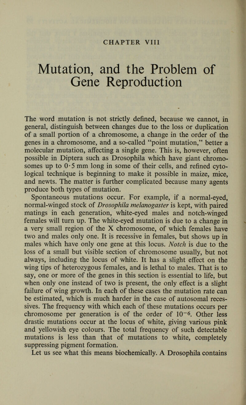 102 THE BIOCHEMISTRY OF GENETICS Now Lea's estimates, and others based on similar work, are open to a formidable criticism which we shall shortly consider; but he applied the same method to estimate the molecular weight of one enzyme and four viruses whose molecular weight had been deter¬ mined by other methods. The molecular weights found varied from 2-1 to 0-22 times those found by other methods. In the worst case the diameter calculated was 0-6 of what is thought to be the true diameter. Any criticism of the method as applied to genes is equally valid against its application to viruses. It is, therefore, probable that genes have molecular weights of the order of a million. The number of single gene mutations produced is closely proportional to the total dose of radiation. The number of rearrangements, which depend on double chromosome breaks, goes up more nearly with the square of the dose. Ultra-violet radiation usually produces single gene mutations only. The fact that the frequency of gene mutations is proportional to the dose of radiation and independent of its intensity proves that a single process, whether biochemical or biophysical, alters a gene. This would not be the case if a gene were composed of several like parts. If, for example, two hits by high-speed particles, or two oxidations by a peroxide, were needed to inactivate a gene, the rate of production of lethal mutations would rise as the square of the dose. In fact it rises rather more rapidly than the dose, but this is because many lethal mutations are due to double chromosome breaks causing the loss of sections. When these are detected by special methods the proportionality of the remainder to the dose is pretty exact. The attempt to estimate gene numbers is more doubtful, being subject to the same criticisms as the estimates of gene size. Lea estimated the number of genes in the X chromosome of Dro- sophila as 840-280, the total number in a nucleus being 5-10 times larger, in E. coli 250, vaccinia virus 110, in bacteriophage 14. If, however, the gene size is not uniform, these numbers are too low. Estimates for bacteriophage on other grounds range up to 100. A beautiful edifice of speculation was reared on the mutagenic effect of radiations and particles. A highly poetical version of it may be found in Schrödinger (1944). It was brought down to earth by three fundamental observations. Auerbach and Robson (1942, 1947) were allowed to publish their finding that j8-^3'-dichlorethyl sulphide causes large numbers of mutations in Drosophila.* Earlier claims * Publication was delayed, apparently because some official believed that this news would spread panic. Had he remained in London during its aerial bom¬ bardments he might have taken a view more complimentary to the British people.